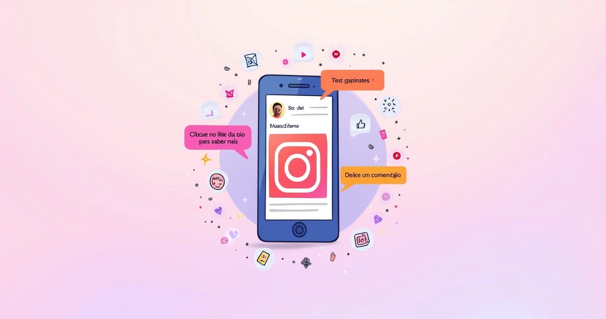Postagem do Instagram em um smartphone com chamadas para ação coloridas e elementos gráficos de interação.