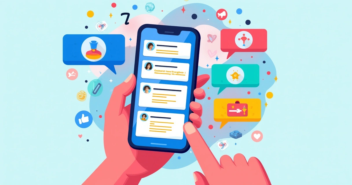 A smartphone displaying a colorful social media feed with engaging CTAs in a lively background.