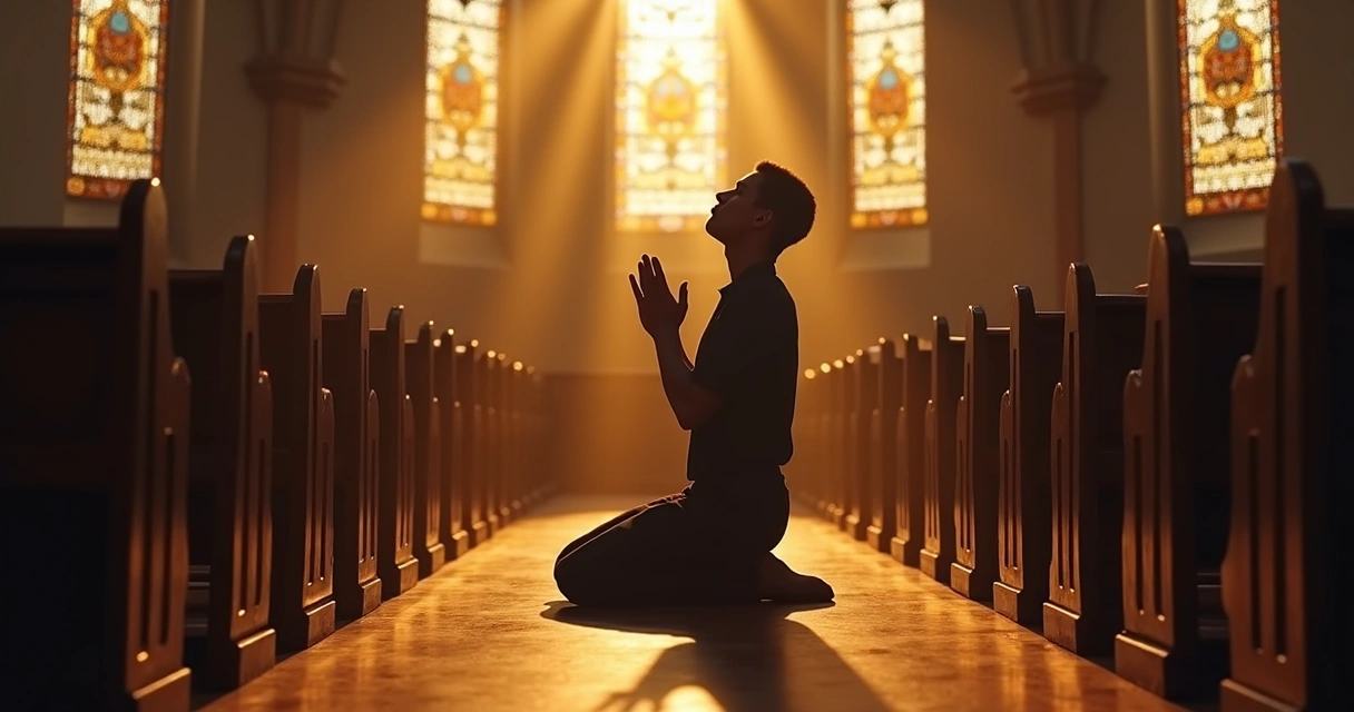 Pessoa em posição de oração ouvindo com atenção sobre fundo de igreja antiga 