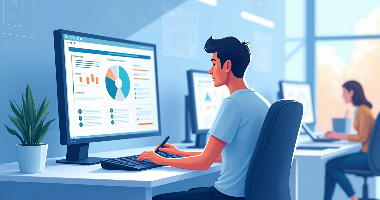 Funcionário registrando chamado técnico em um escritório contábil moderno, equipe de TI ao fundo.
