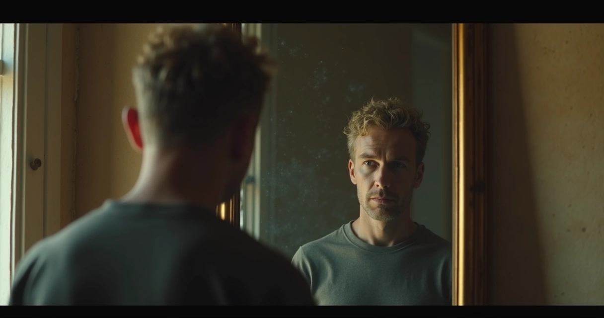 Person gazing into a mirror with a shadow self behind, conveying reflection and inner change. 