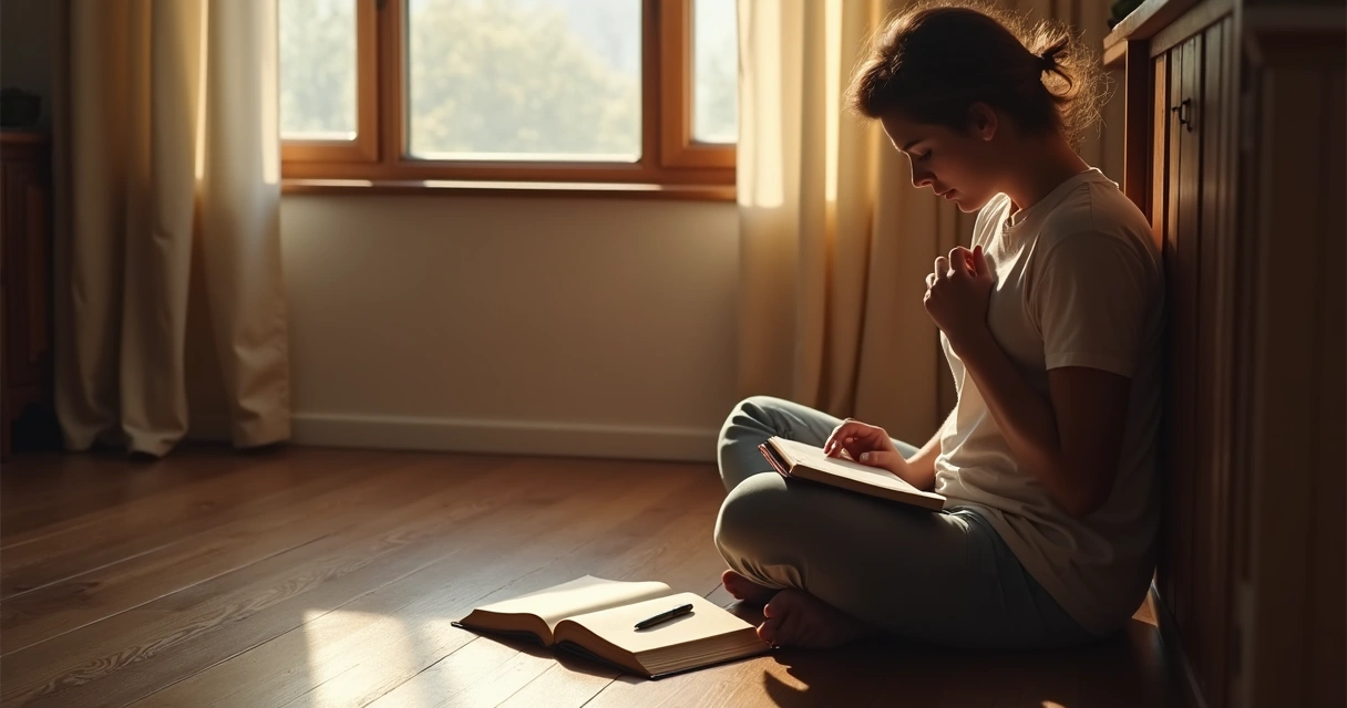 Person sitting quietly, reflecting near open journal 