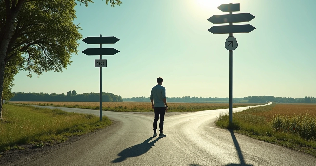 Person changing a path sign at a crossroads in bright sunlight. 