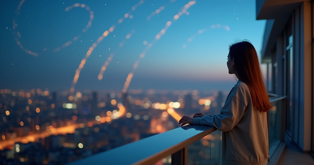 Person on night balcony looking over city as glowing paths shift in the sky 