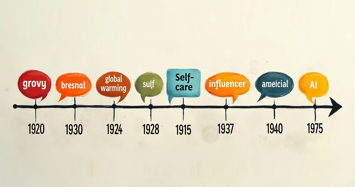 Timeline of speech bubbles with evolving words across years