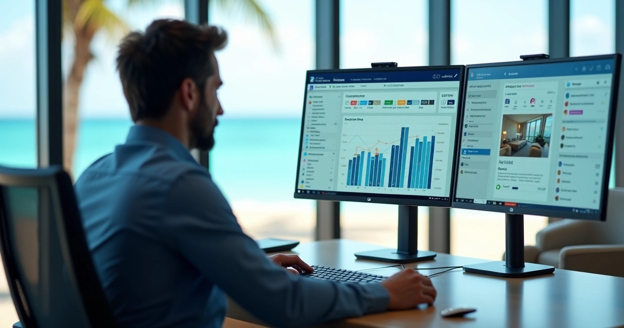 Gestor de hotel analisando painel de channel manager com mapa de ocupação e canais de venda 