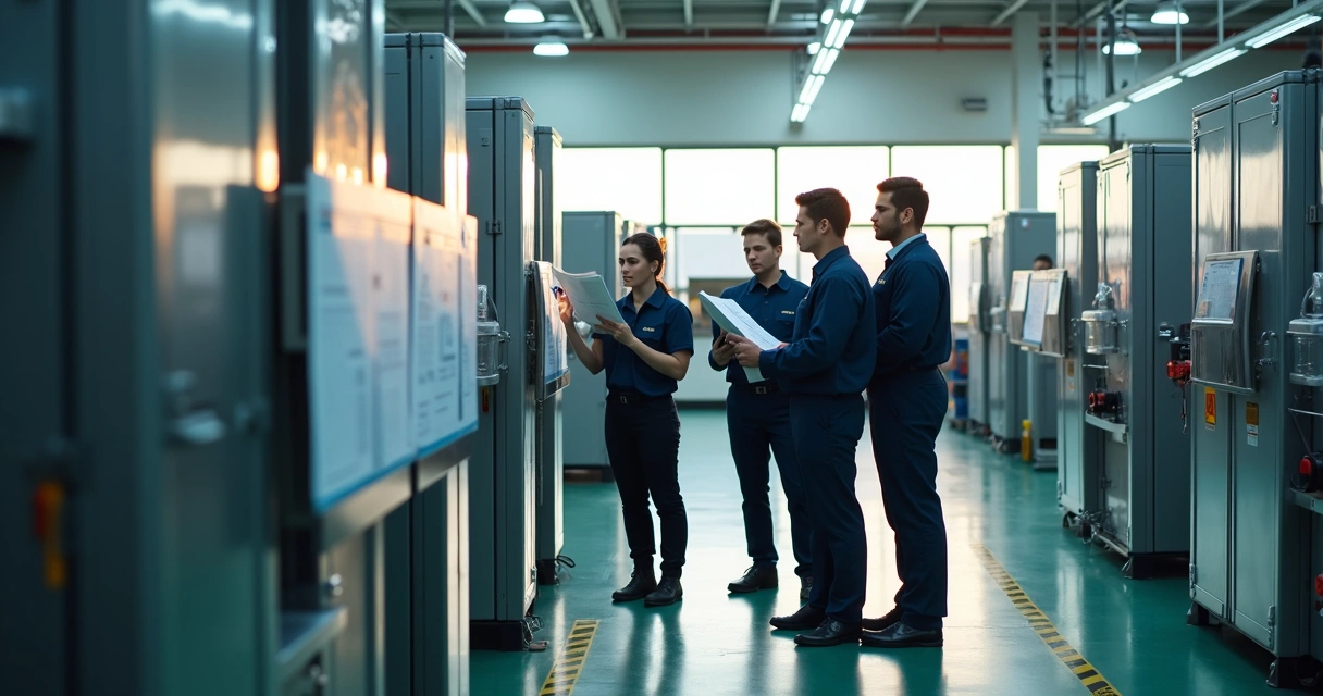 Equipe operacional ajustando máquinas em chão de fábrica iluminado 