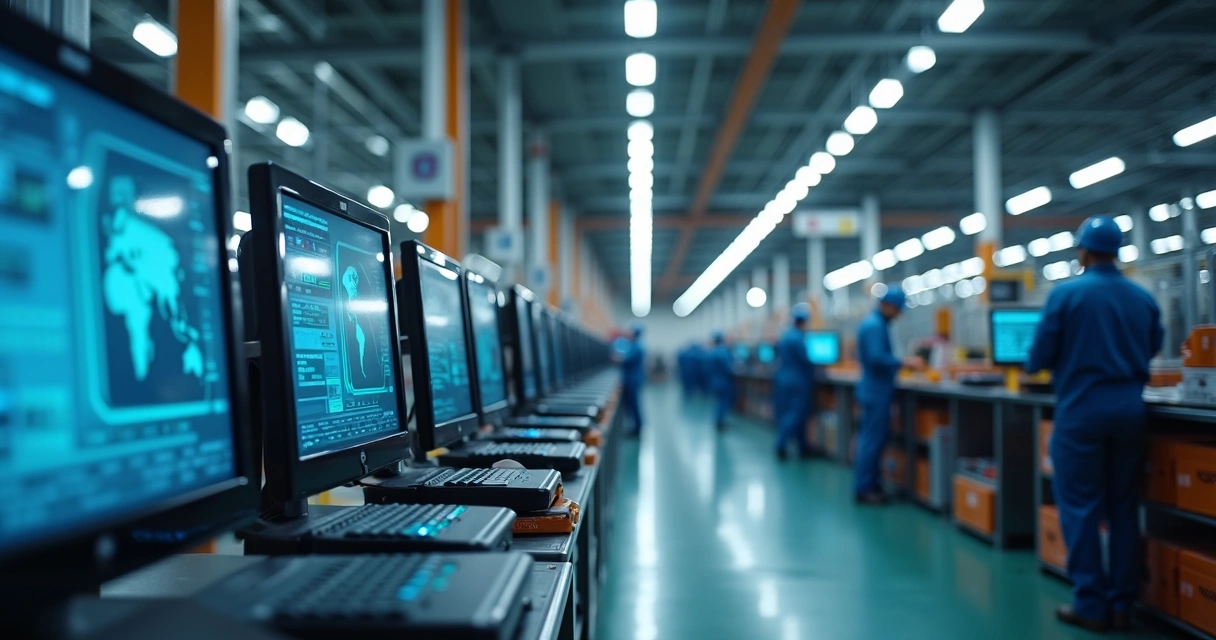 Funcionários acompanhando ordens de produção em chão de fábrica com computadores