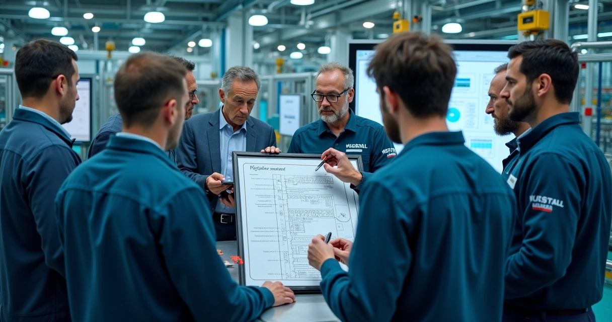 Equipe em chão de fábrica ajustando processo ao contexto industrial 