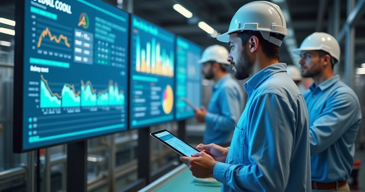 Gestor analisando dados OEE em tablet na fábrica 