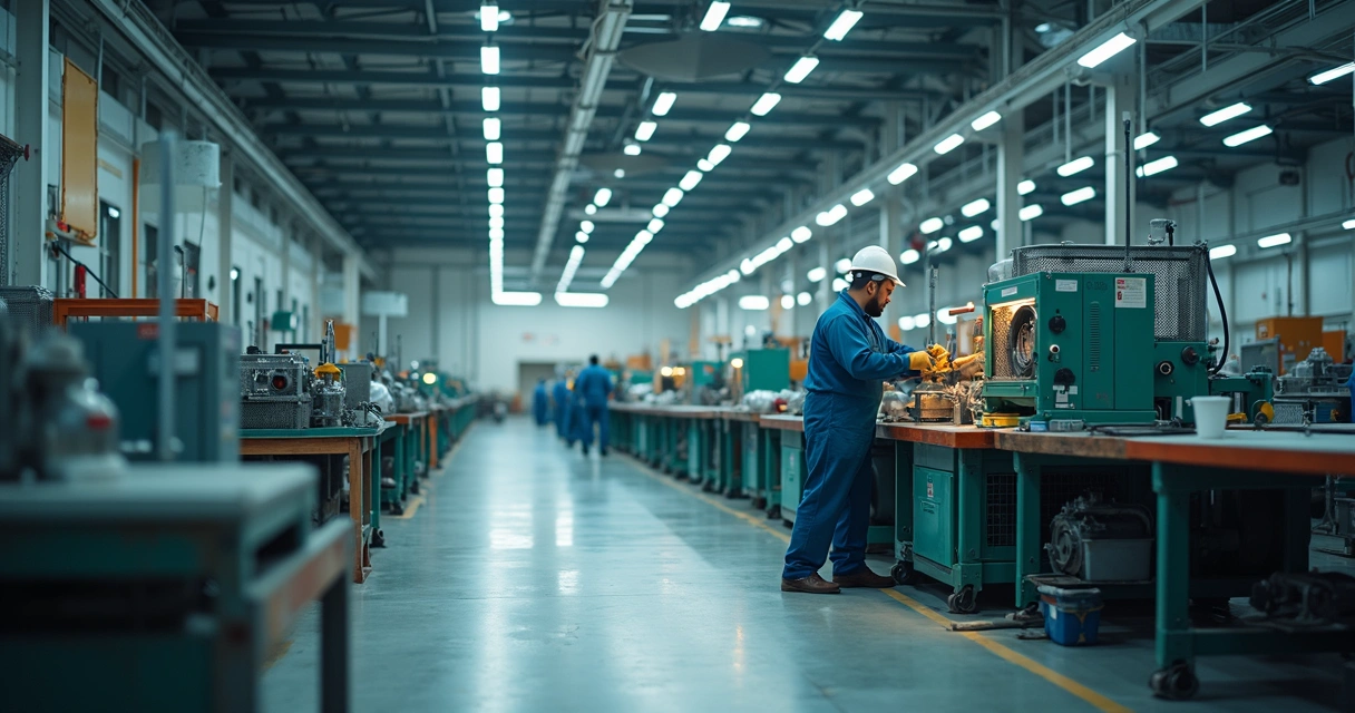 Chão de fábrica industrial com funcionários ajustando máquinas e placas sobre economia de energia 