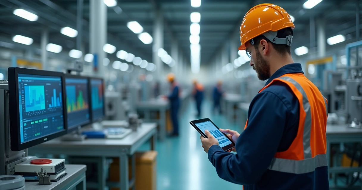 Operador usando tablet para registrar produção no chão de fábrica