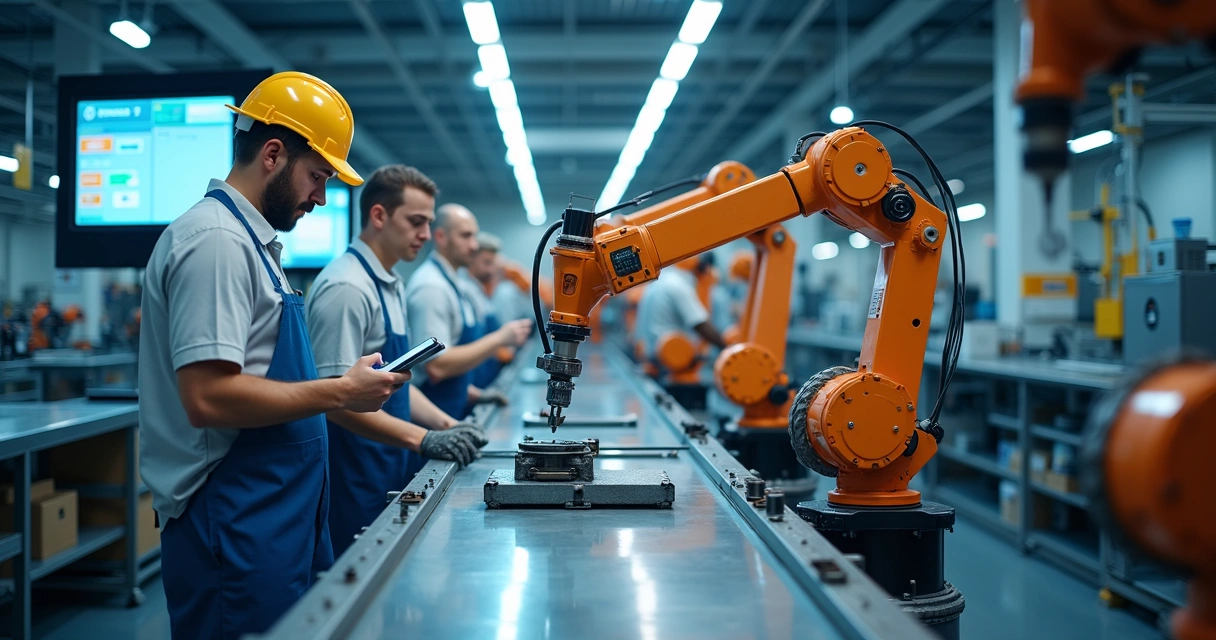 Funcionários trabalhando em linha de produção automatizada, painéis digitais ao fundo. 