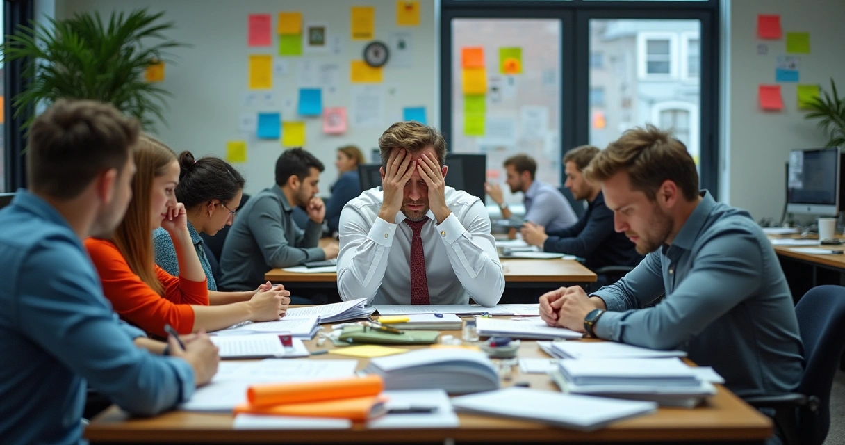 Escritório de startup com pessoas sobrecarregadas e pilhas de papel 
