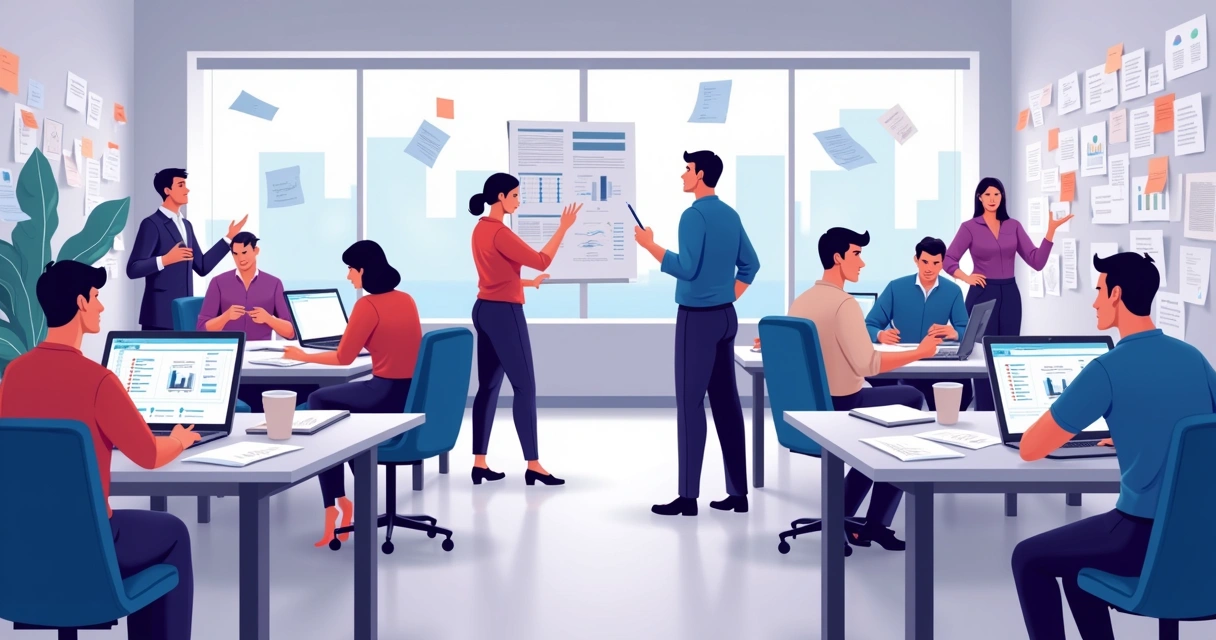 Desorganized office with multiple people managing different sales records, scattered papers and digital screens showing various data formats across the room. 