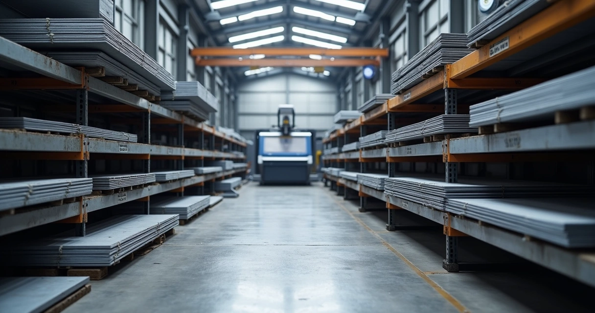 Chapas e barras de aço em ambiente industrial 