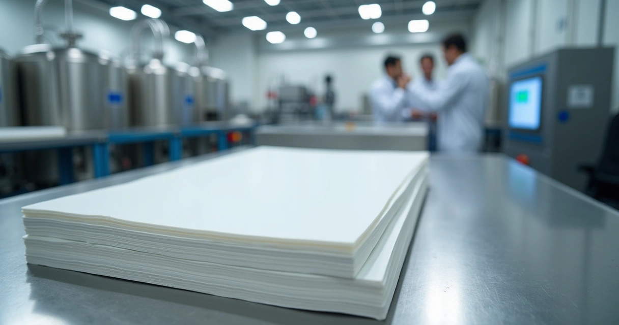 Chapas de PTFE brancas empilhadas em ambiente industrial 
