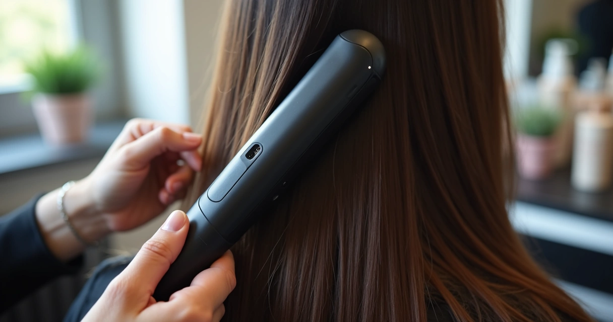 Chapinha profissional alisando cabelo comprido no salão de beleza 