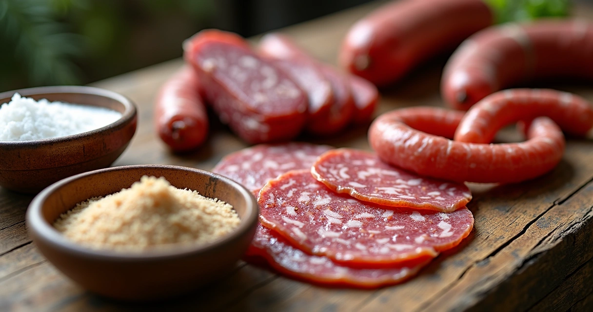 Mesa rústica com embutidos artesanais e insumos de fermentação 