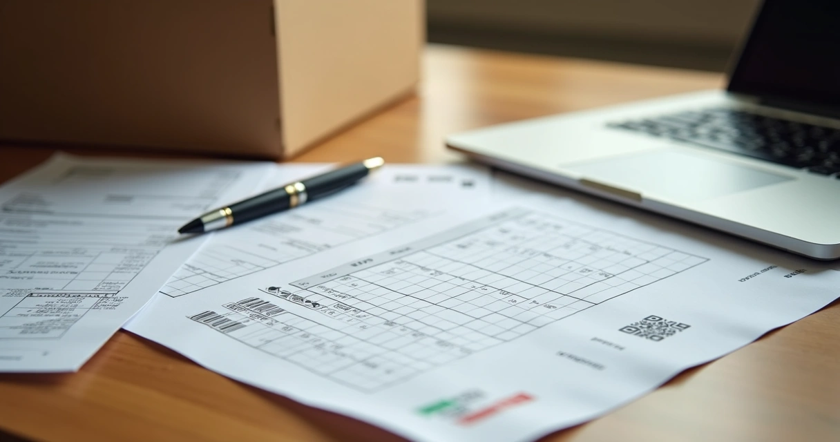 Documentos de comprovação de compra e entrega organizados sobre uma mesa com um laptop ao lado 