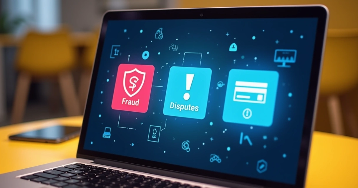 Ilustração de três tipos de chargebacks em e-commerce, representados por diferentes ícones na tela de um computador