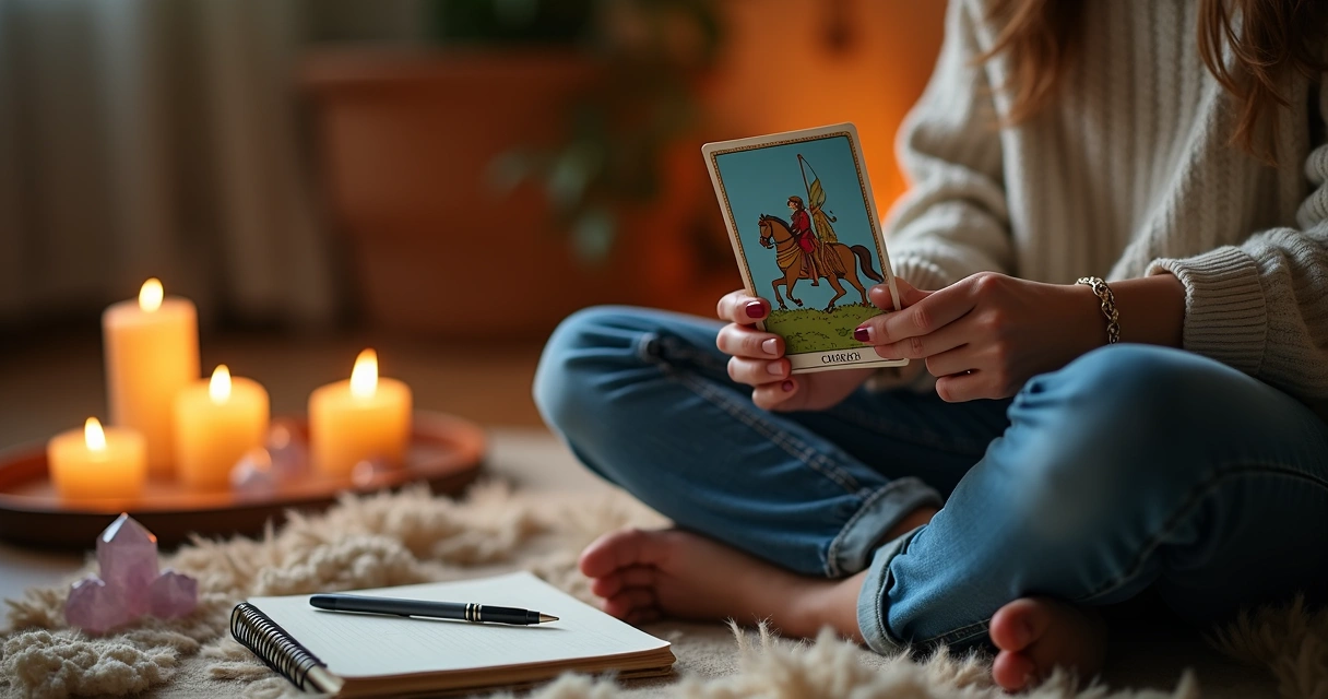 Person reflecting with The Chariot card, candles, journal 