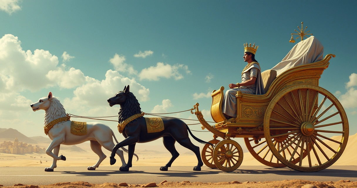 Chariot tarot card with sphinxes, golden chariot, starry canopy 