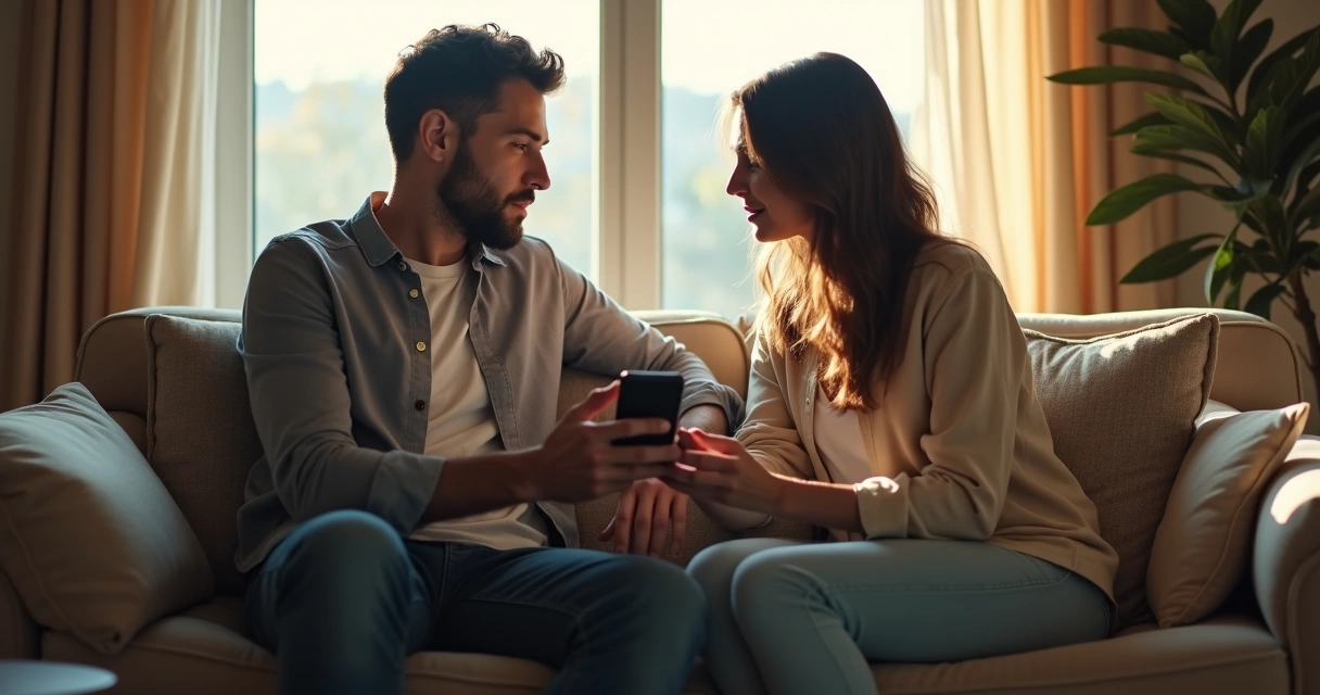Pareja conversando en el sofá con un teléfono móvil entre ellos 