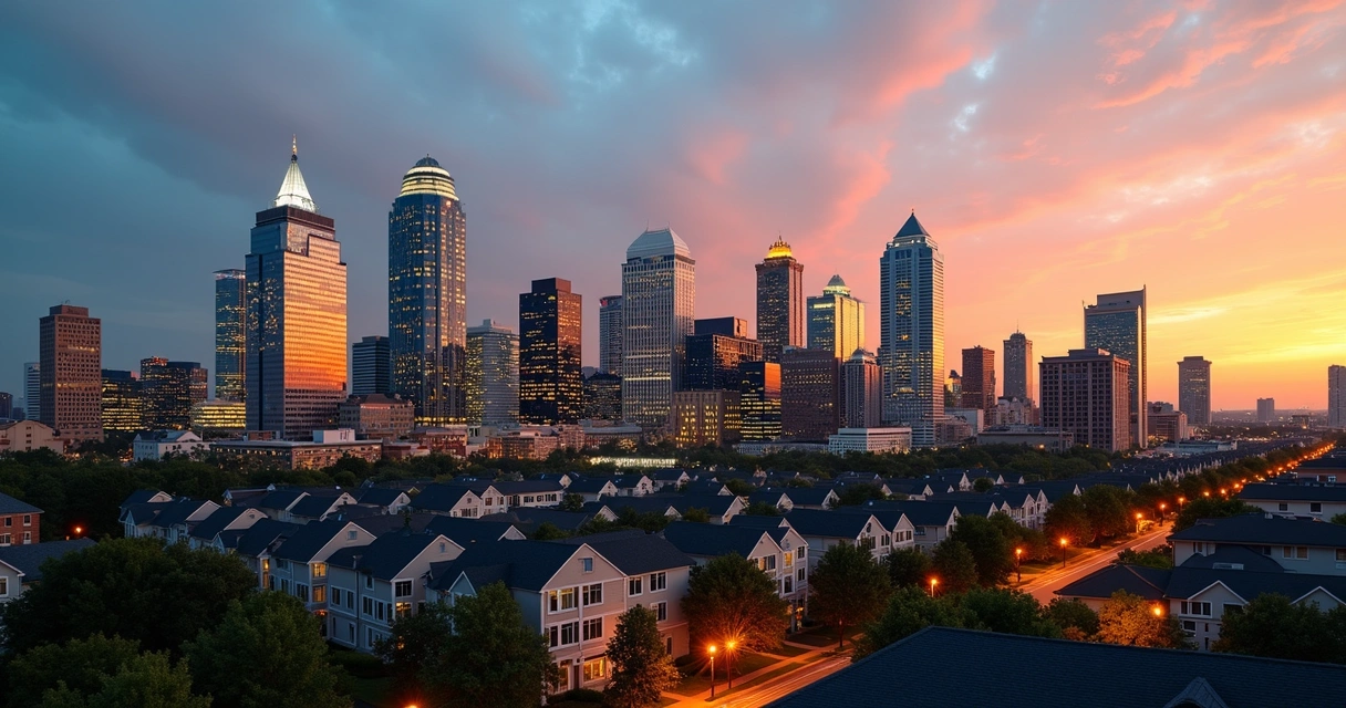 Charlotte skyline with high-rise apartment buildings and townhouses 