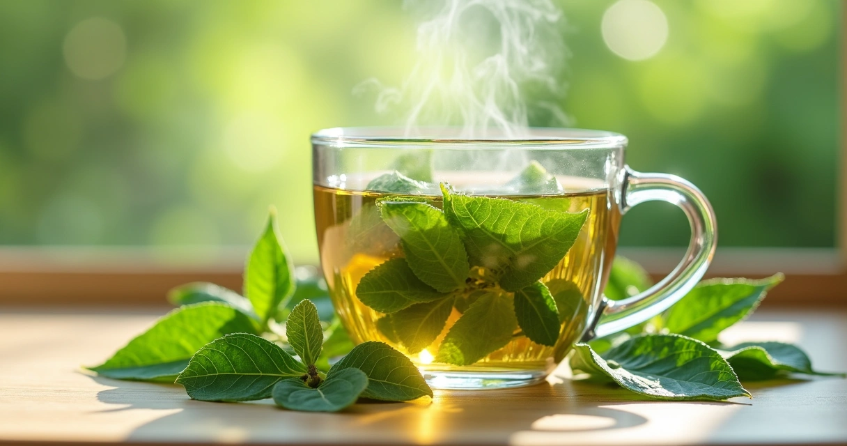 Chá diurético verde em copo transparente com folhas frescas ao redor 