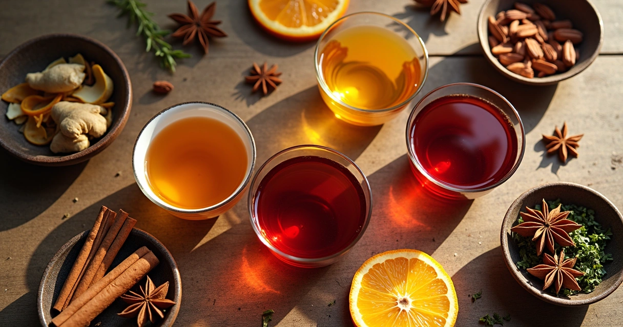 Chás de especiarias em xícaras coloridas sobre mesa de madeira clara 