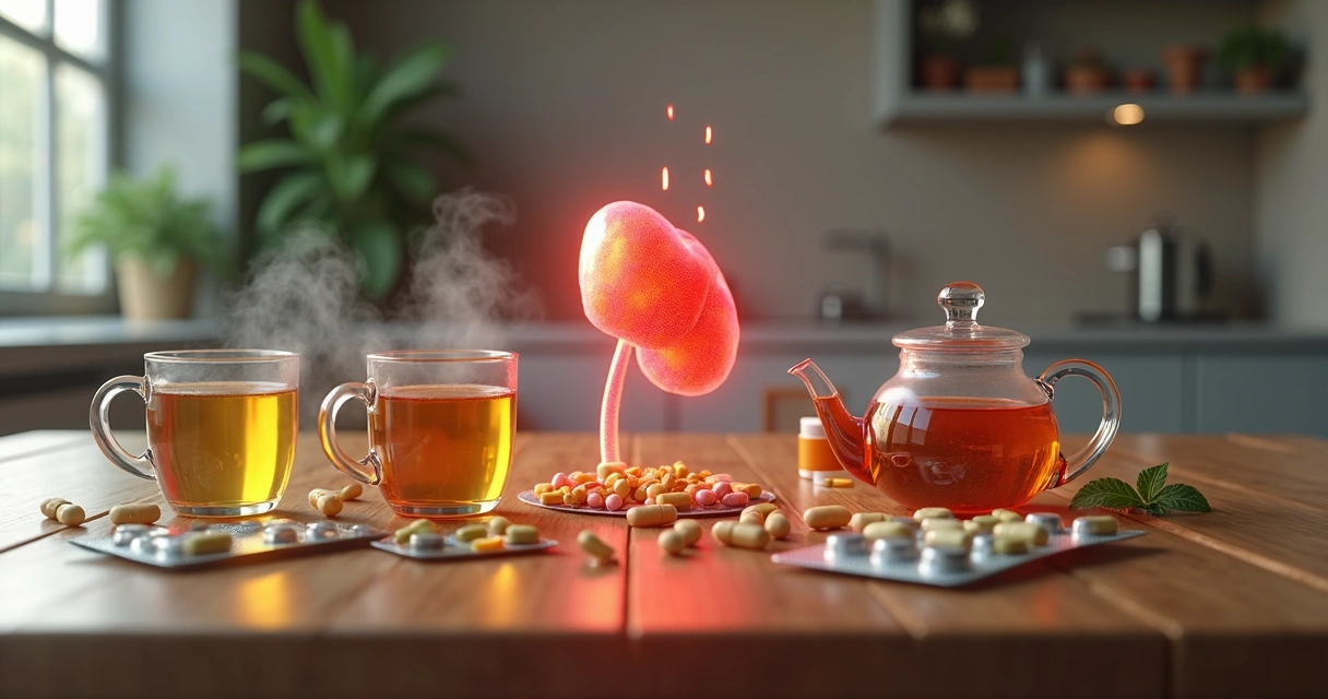 Mesa com chás emagrecedores e cápsulas ao lado de ilustração de fígado em alerta 