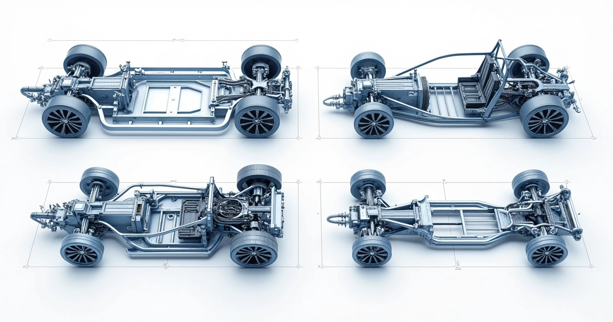 Desenho técnico demonstrando exemplos de diferentes tipos de chassi 