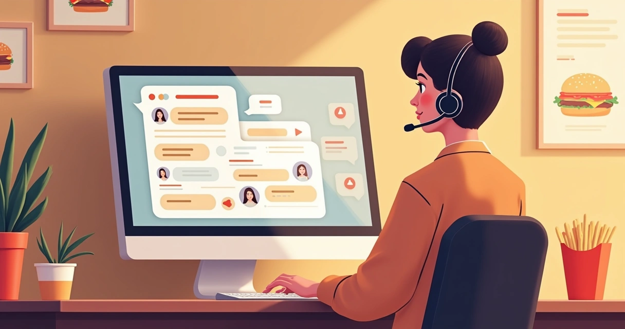 Tela de chat de atendimento ao cliente em delivery, atendente digitando mensagem em computador moderno 