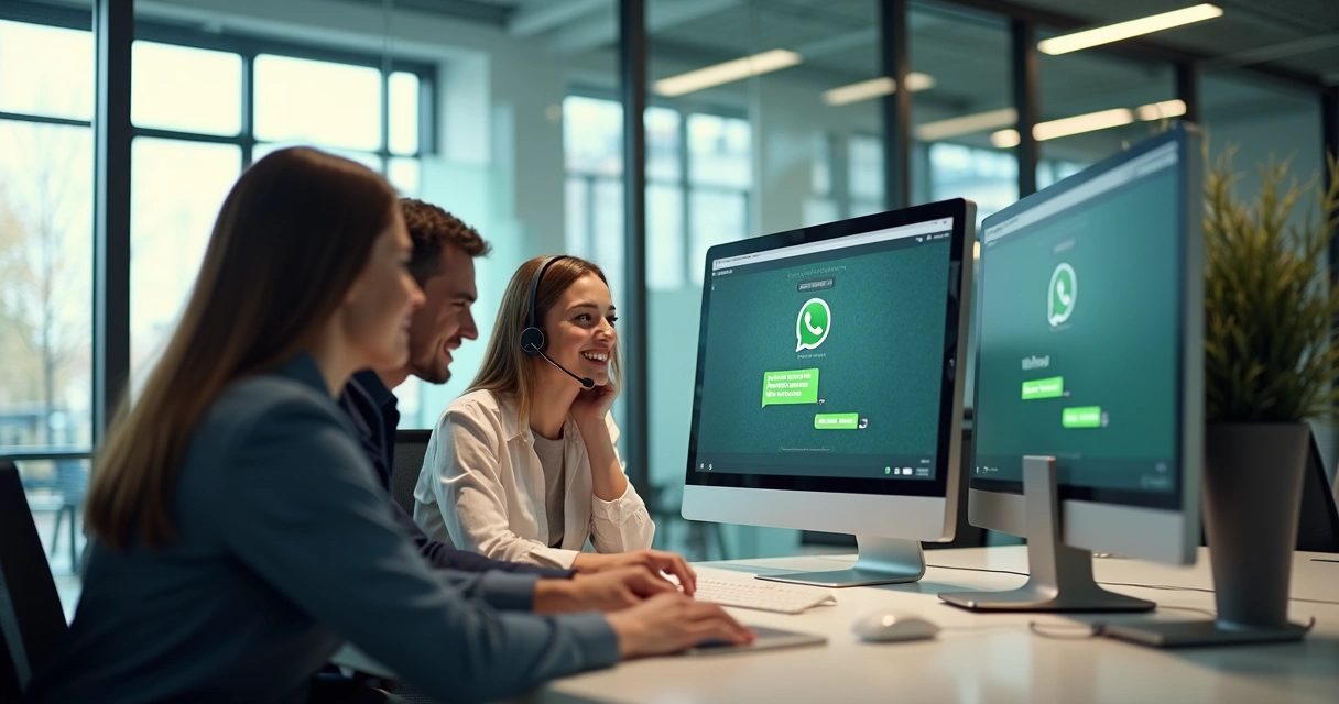 Equipe de atendimento olhando tela do computador com chat do WhatsApp aberto. 