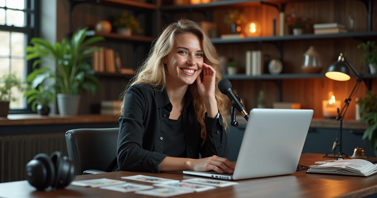 Consultora esotérica no computador falando ao microfone durante atendimento 