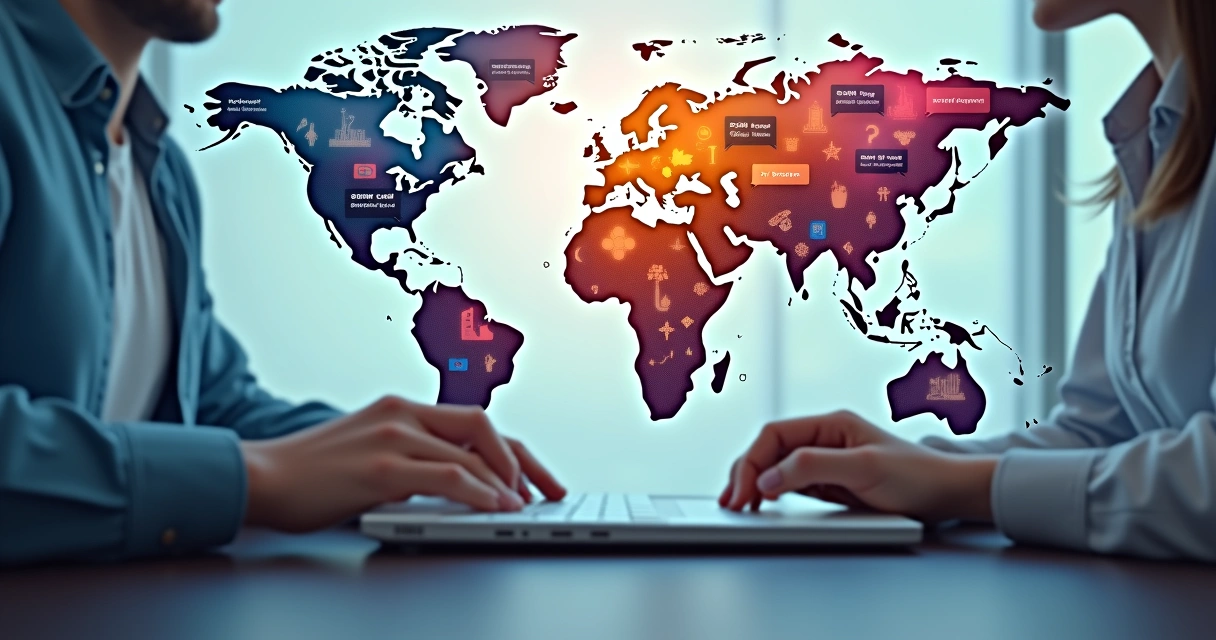 Interação digital global com mensagens sendo traduzidas em tempo real 