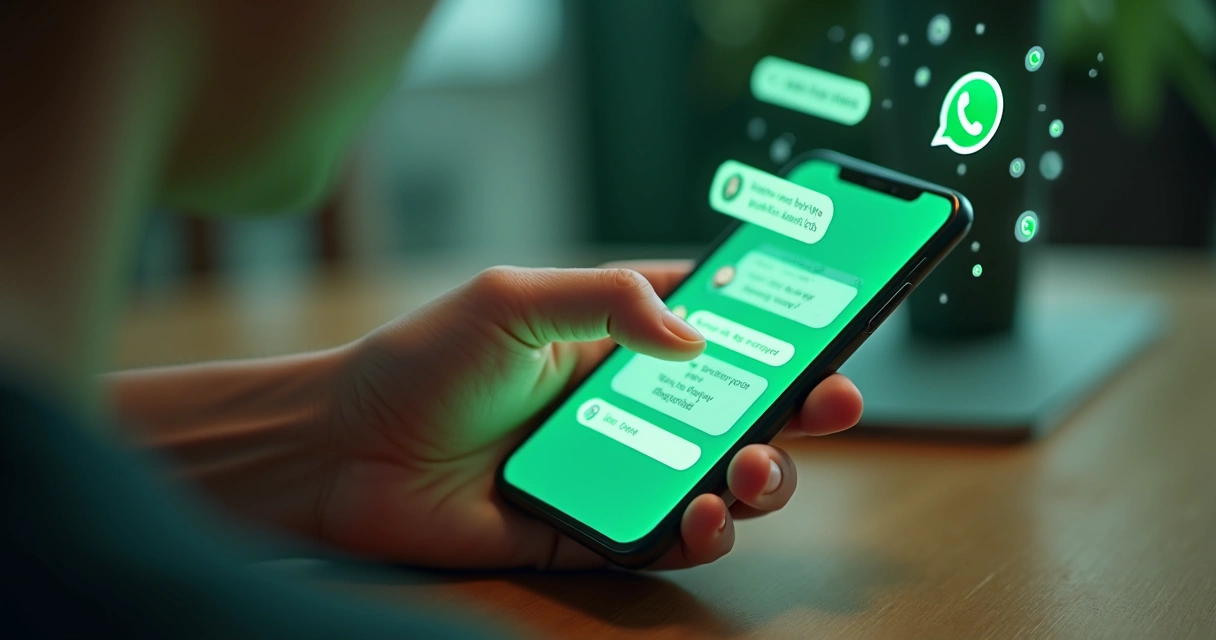 Pessoa digitando mensagem de venda no WhatsApp na tela do celular ao lado de vários ícones de conversa