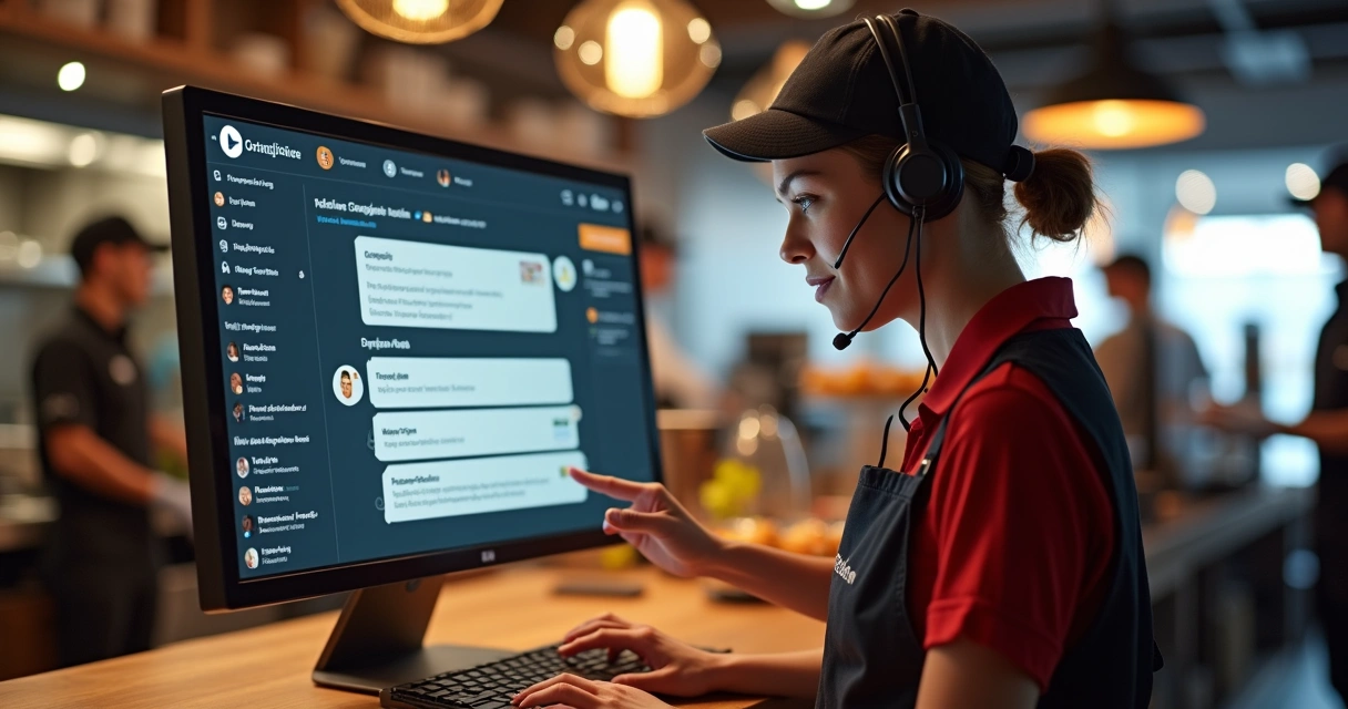 Atendente usando chat ao vivo em loja de delivery com diversos pedidos na tela
