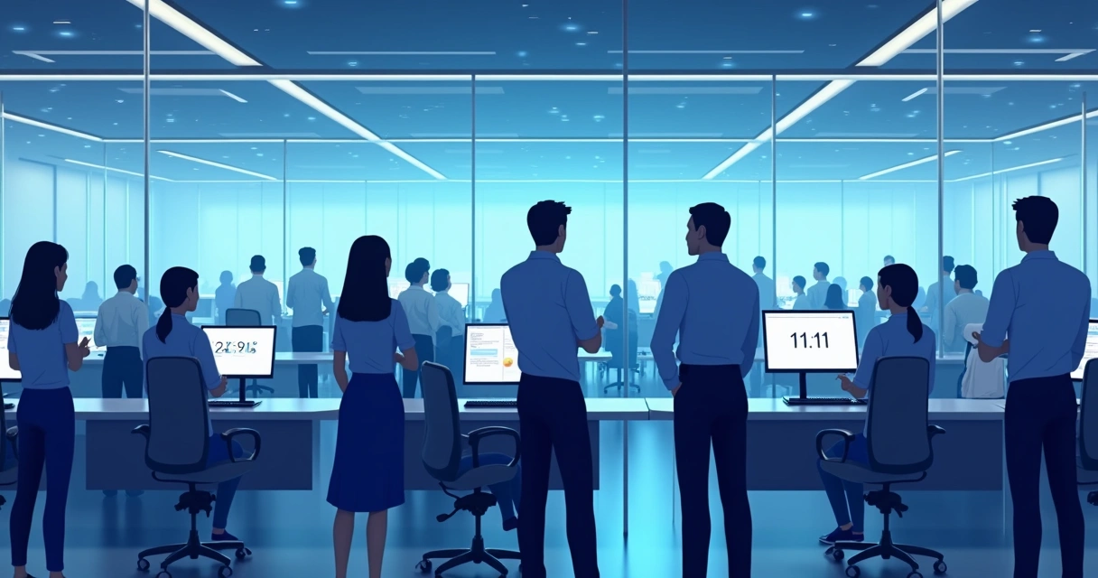 Clientes aguardando atendimento digital em fila virtual, com computadores em destaque. 