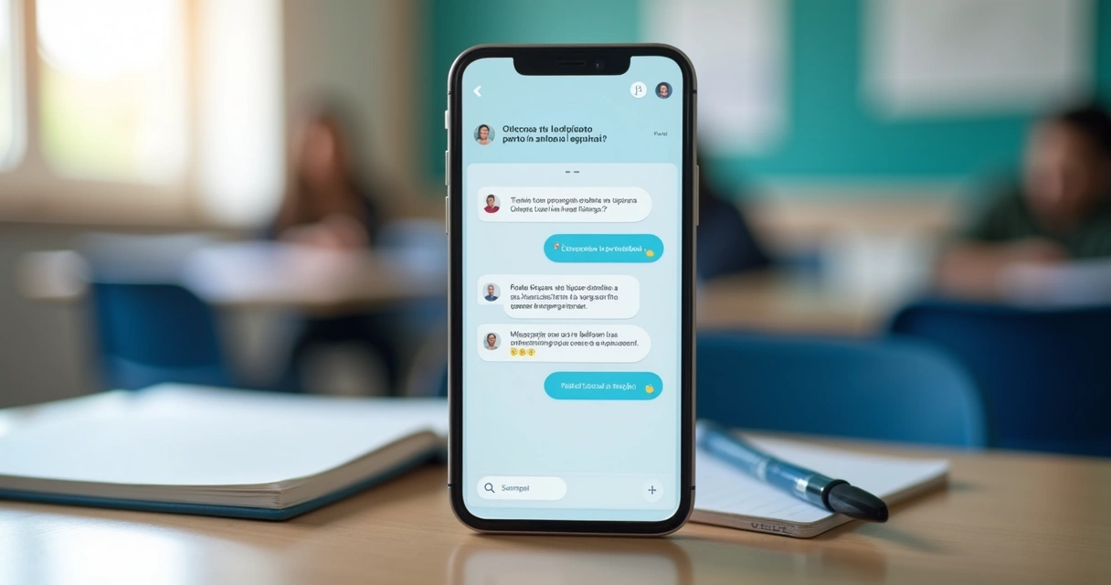 Tela de celular com chat educacional automatizado
