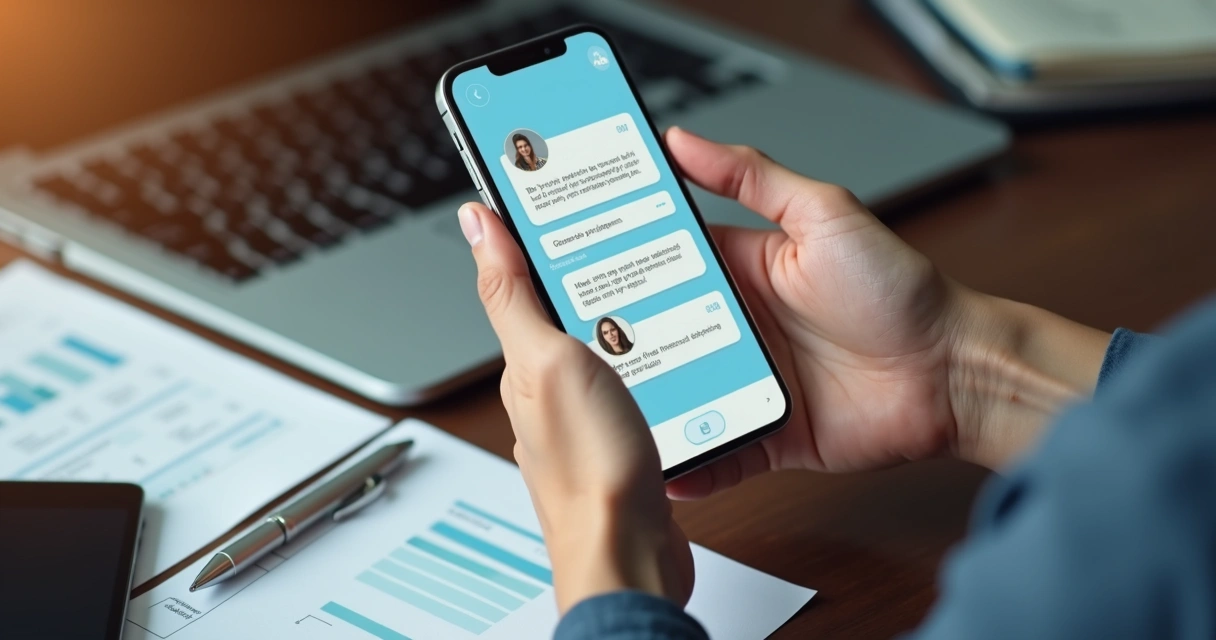 Pessoa conversando em chat sobre finanças com assistente virtual