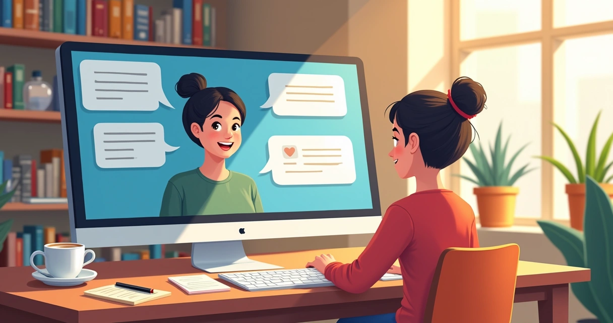 Jovem estudante conversando com IA no computador de casa 