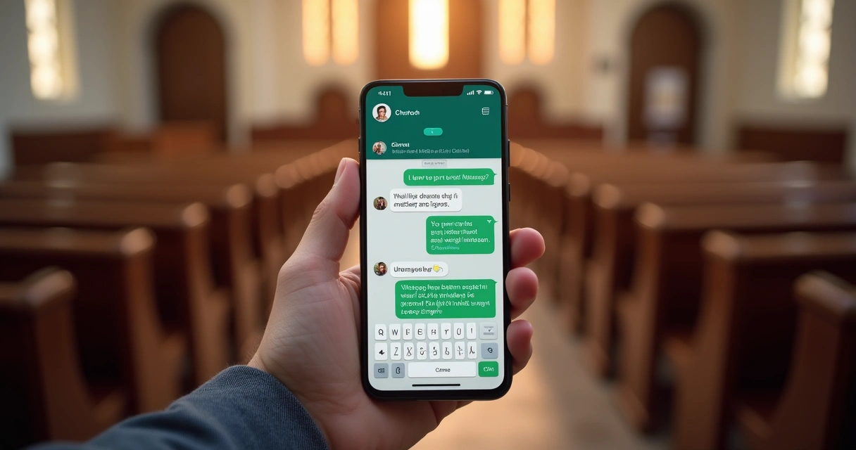 Celular com conversa de WhatsApp aberta e mensagens automáticas de igreja aparecendo 