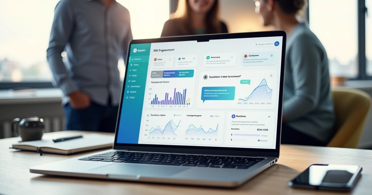 Tela de notebook com chat in-app aberto e gráficos de engajamento ao fundo 