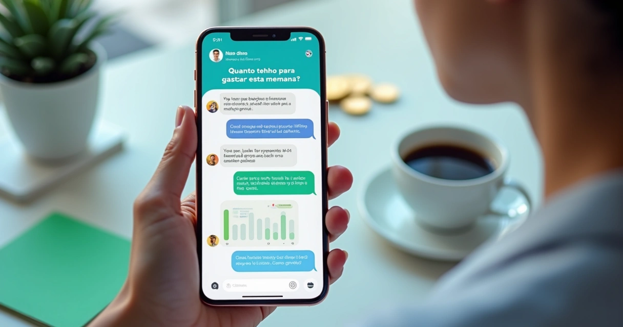 Ilustração de interface digital com chat de inteligência artificial respondendo perguntas sobre finanças