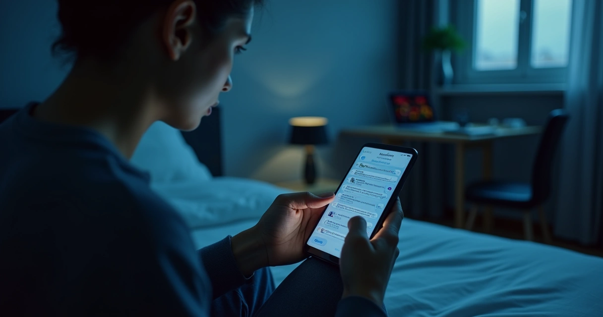 Pantalla de móvil con notificaciones y persona observando en silencio