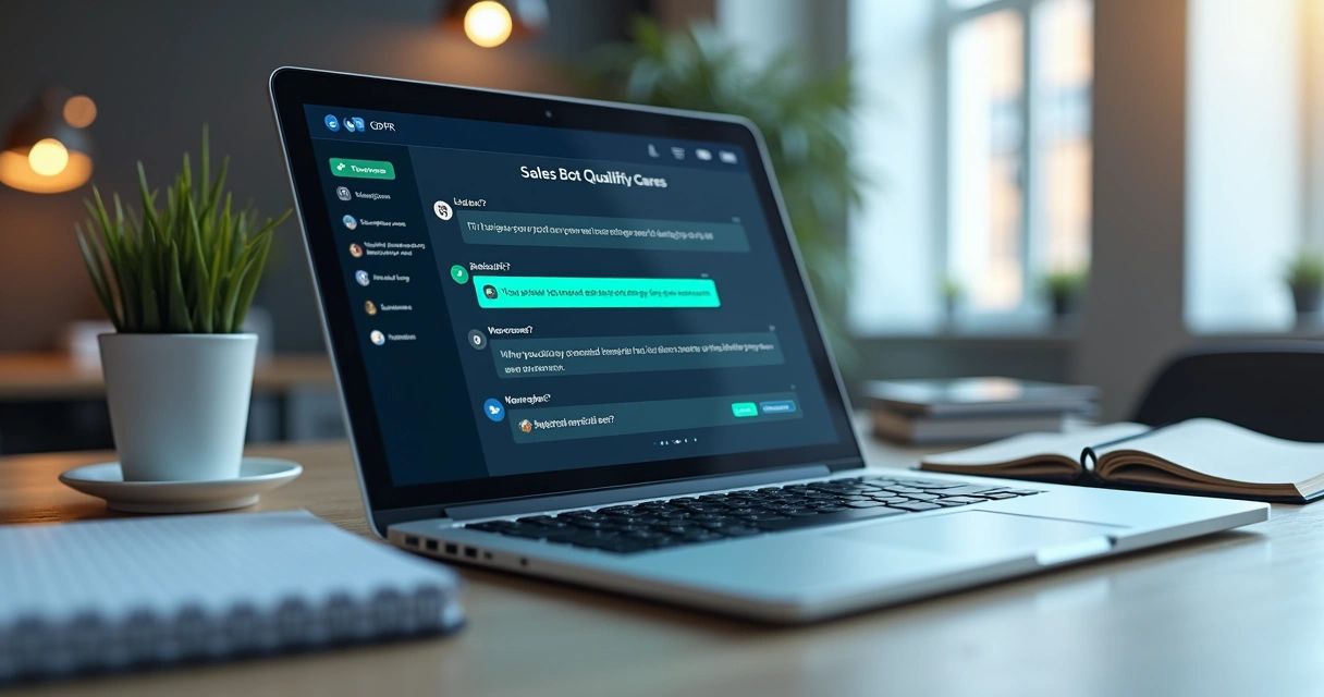 Sales bot chat window qualifying a lead on a laptop screen