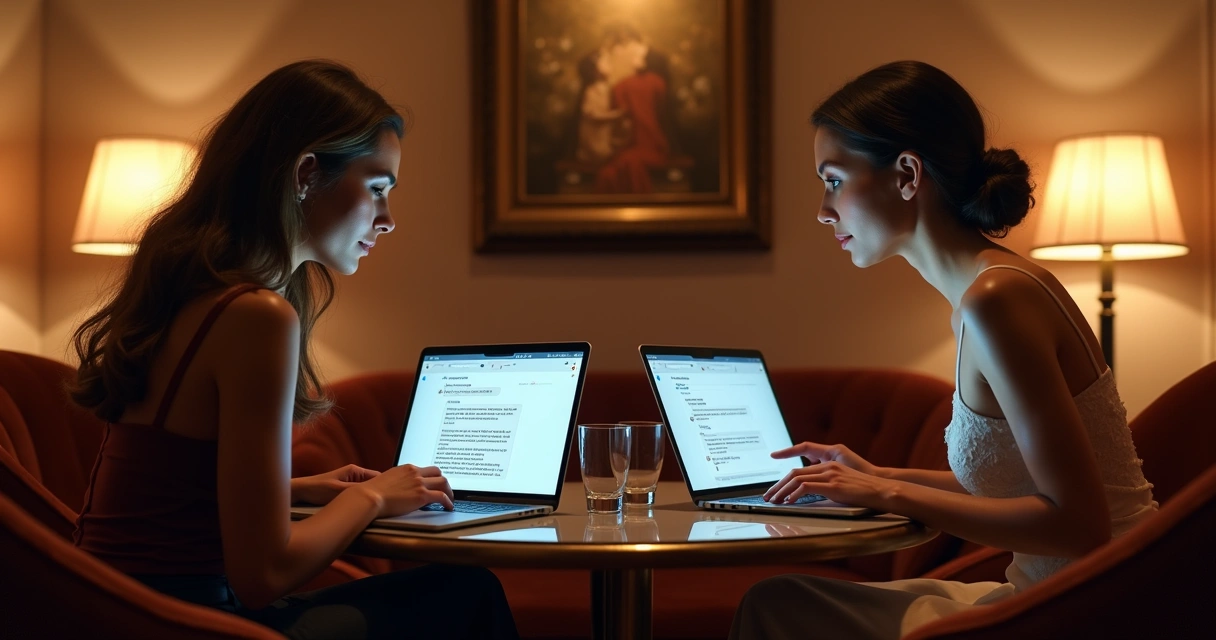 Duas pessoas conversando em ambiente elegante usando notebook 