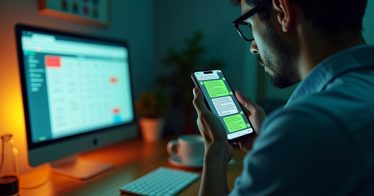 Dono de pequeno negócio observa conversa de cobrança no WhatsApp com respostas de enrolação do cliente 